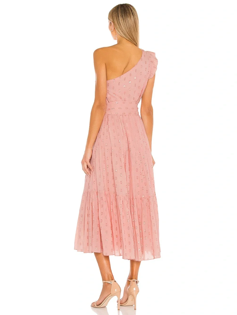 Karina Grimaldi Pauline Dot Dress Blush One Shoulder Midi Size Large - Picture 4 of 14